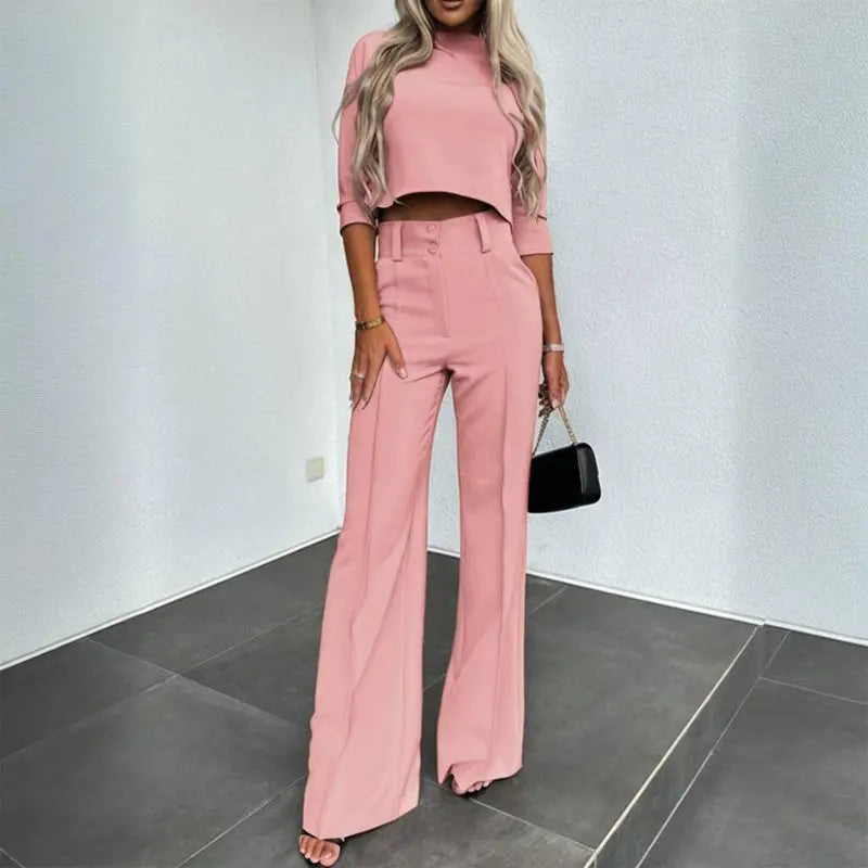Women's Elegant Solid Color Half Sleeve Short Top With Straight Leg Pants Two-Piece Office Wear Suit With Pockets - SMSB 66