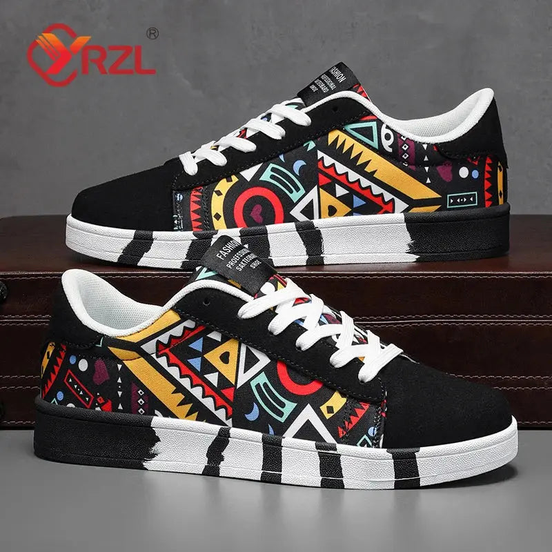 YRZL Men's Sports Running Shoes Canvas Geometric Style Lace-Up Sneakers Couples' Fashionable Graffiti Print Skate Shoes Men - SMSB 66