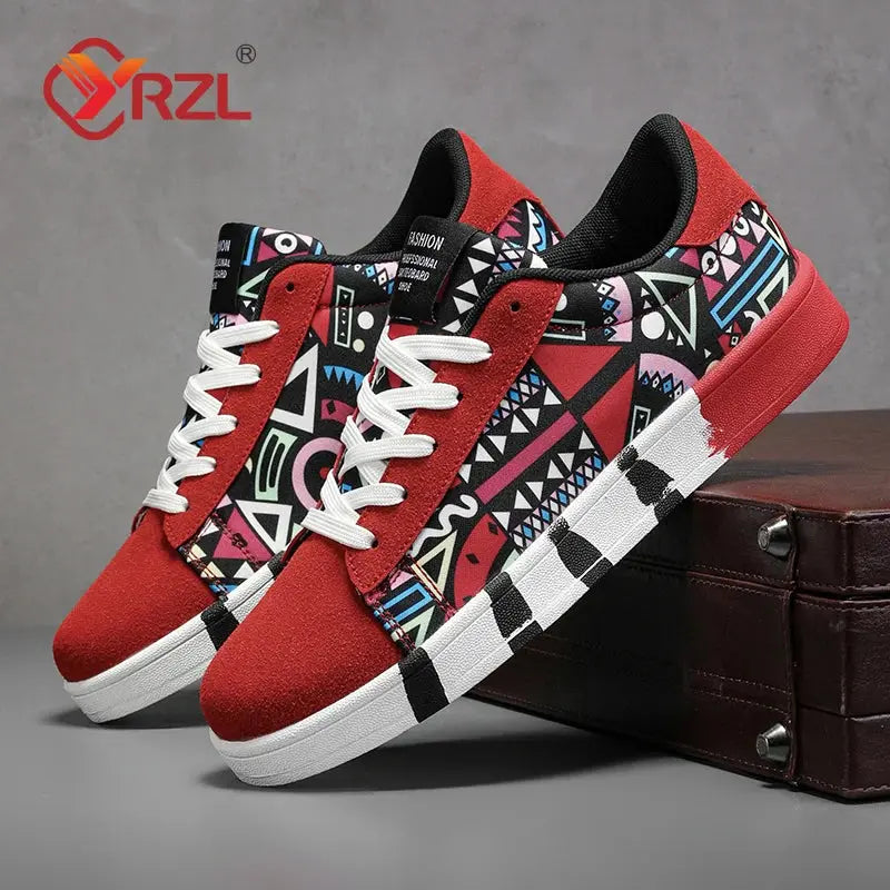 YRZL Men's Sports Running Shoes Canvas Geometric Style Lace-Up Sneakers Couples' Fashionable Graffiti Print Skate Shoes Men - SMSB 66