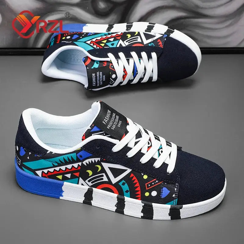 YRZL Men's Sports Running Shoes Canvas Geometric Style Lace-Up Sneakers Couples' Fashionable Graffiti Print Skate Shoes Men - SMSB 66