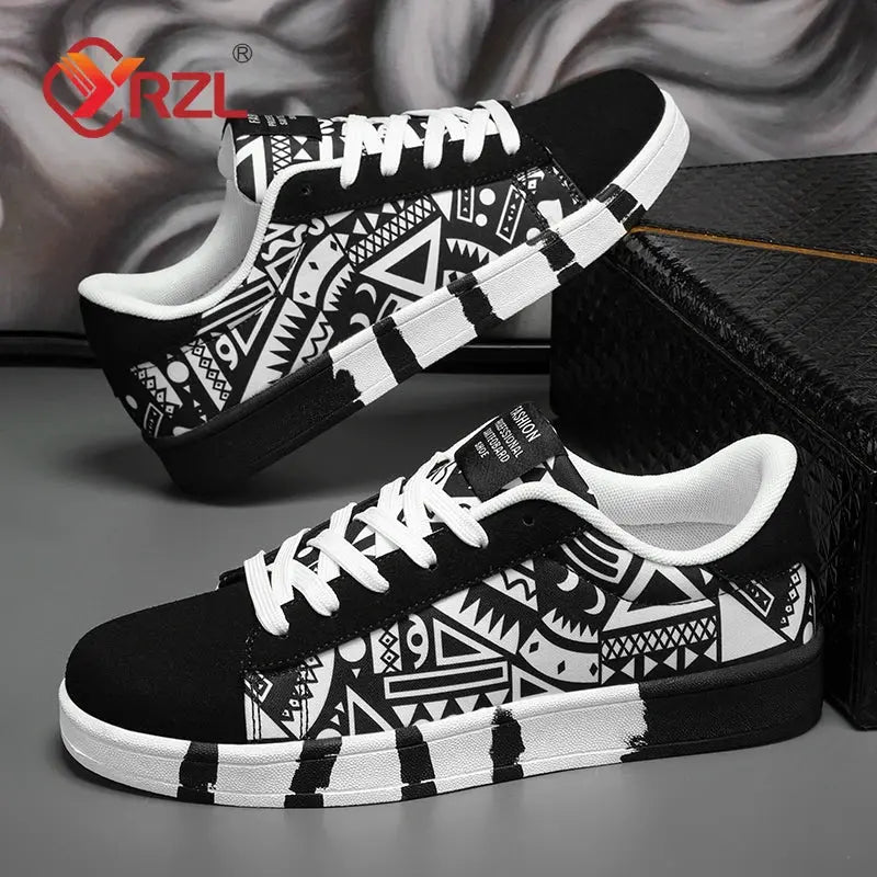 YRZL Men's Sports Running Shoes Canvas Geometric Style Lace-Up Sneakers Couples' Fashionable Graffiti Print Skate Shoes Men - SMSB 66