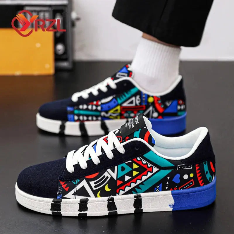 YRZL Men's Sports Running Shoes Canvas Geometric Style Lace-Up Sneakers Couples' Fashionable Graffiti Print Skate Shoes Men - SMSB 66