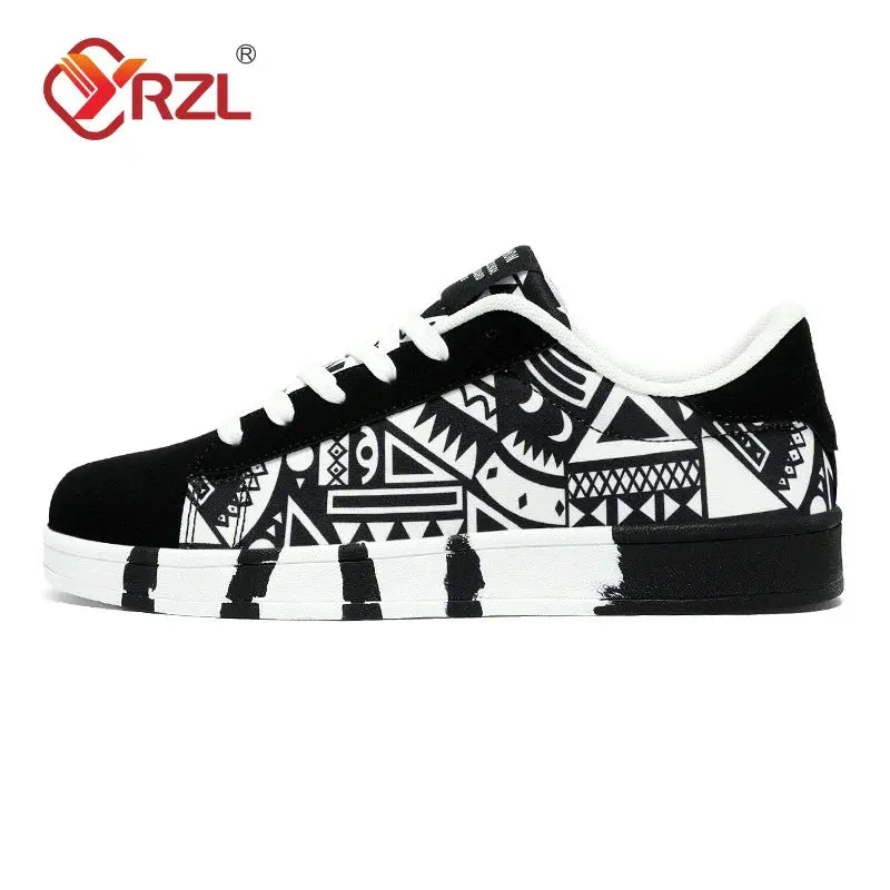 YRZL Men's Sports Running Shoes Canvas Geometric Style Lace-Up Sneakers Couples' Fashionable Graffiti Print Skate Shoes Men - SMSB 66