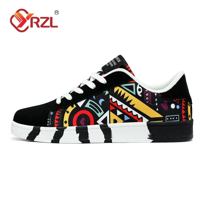 YRZL Men's Sports Running Shoes Canvas Geometric Style Lace-Up Sneakers Couples' Fashionable Graffiti Print Skate Shoes Men - SMSB 66