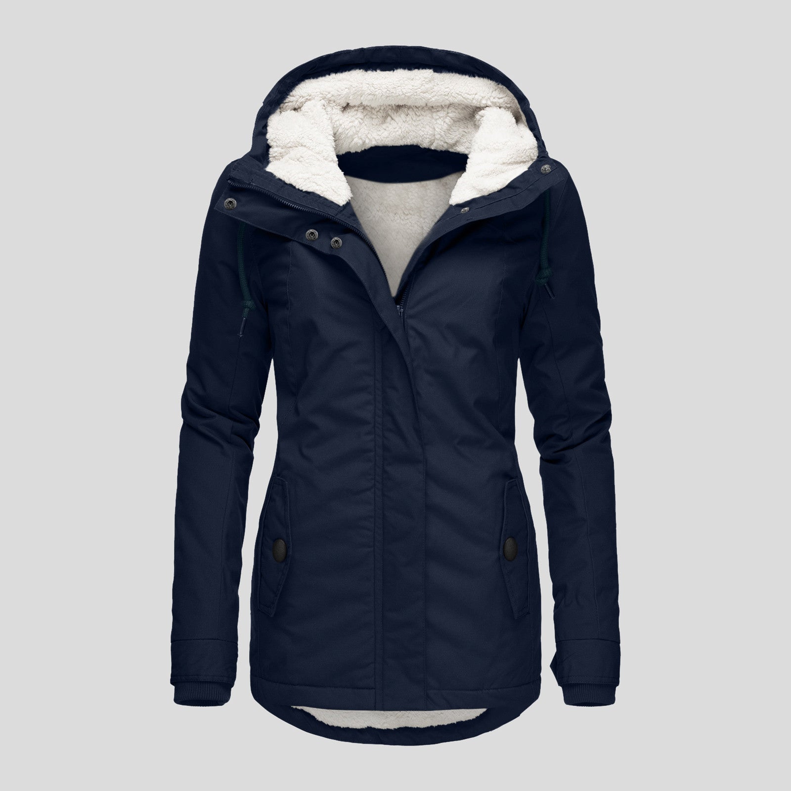 Winter Hooded Jacket Solid Color Warm Buckle Zip-up Fleece Jacket With Pockets Women's Casual Jacket - SMSB 66