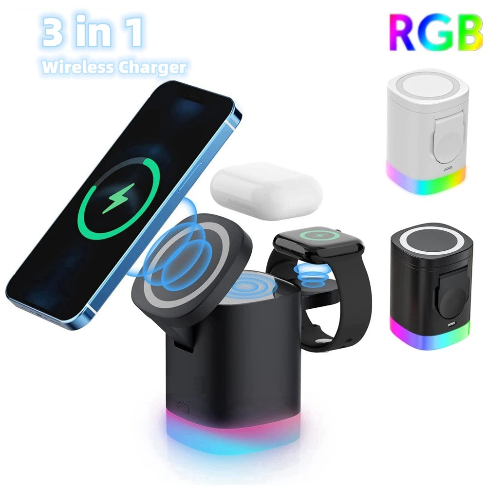 3 in 1 wireless charging station with magnetic fast charge and RGB ambient light for smartphone, AirPods, and Apple Watch