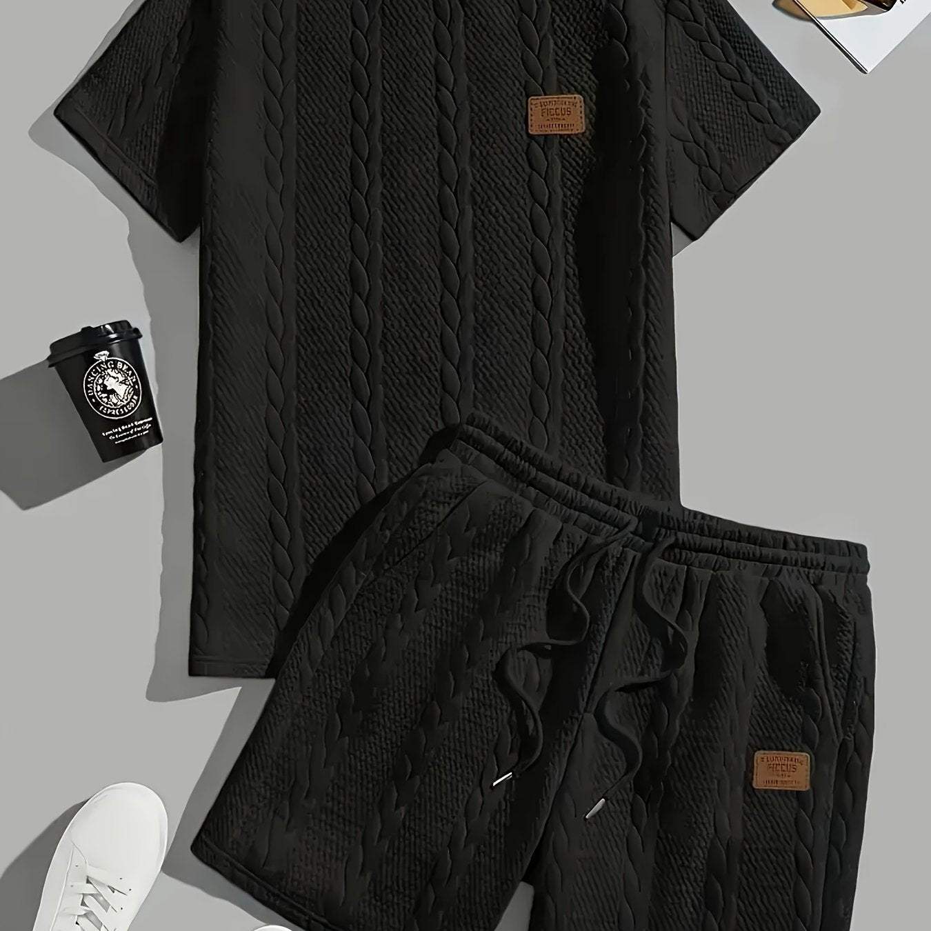 Men's solid color patch design ribbed texture short sleeve two-piece set in black sportswear
