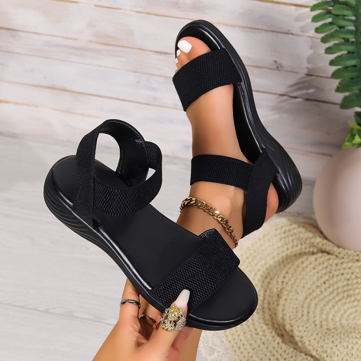Black fashion color-block elastic sandals with fish mouth toe and flat rubber sole for women