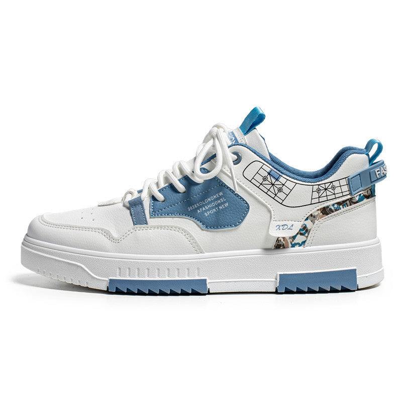 Men's fashion casual breathable white and blue low-top sneakers with rubber sole and lace-up design