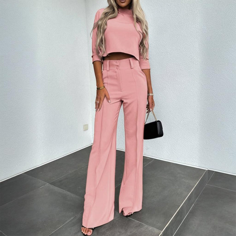 Women's Elegant Solid Color Half Sleeve Short Top With Straight Leg Pants Two-Piece Office Wear Suit With Pockets - SMSB 66