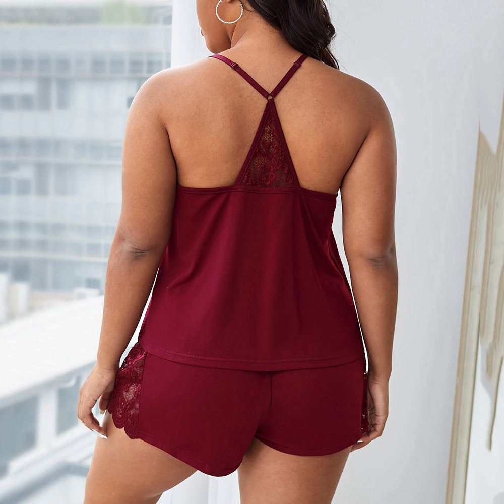 Household Women's Sling Stitching Solid Color Casual Pajamas Suit - SMSB 66