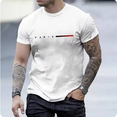 Slim fit 3D printed white men's top with Paris text and short sleeves