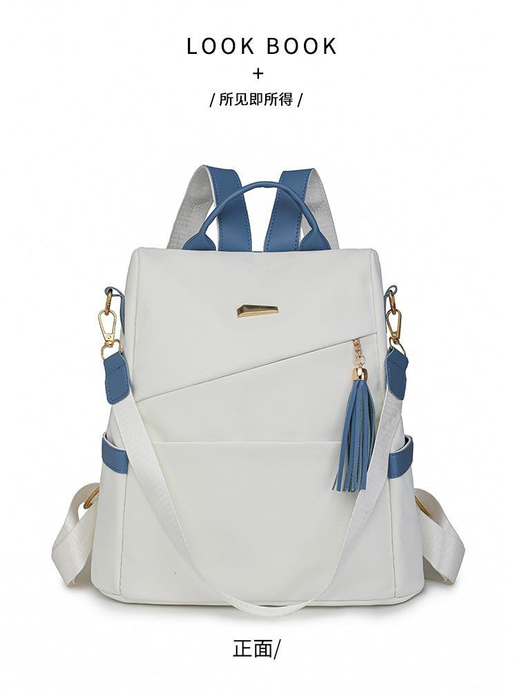 Oxford cloth stitching women's backpack with anti-theft back zipper in white and blue, casual travel and school double shoulder bag.