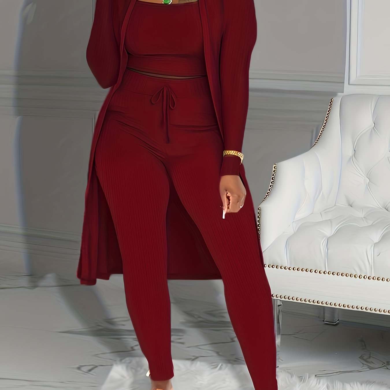 Casual Ribbed 3pcs Set, Crop Tank Top + High Waist Drawstring Pants + Longline Cardigan Outfits, Women's Clothing - SMSB 66