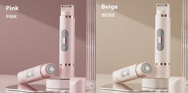 Dual-head electric shaver for women in pink and beige, waterproof and pain-free bikini hair removal device.