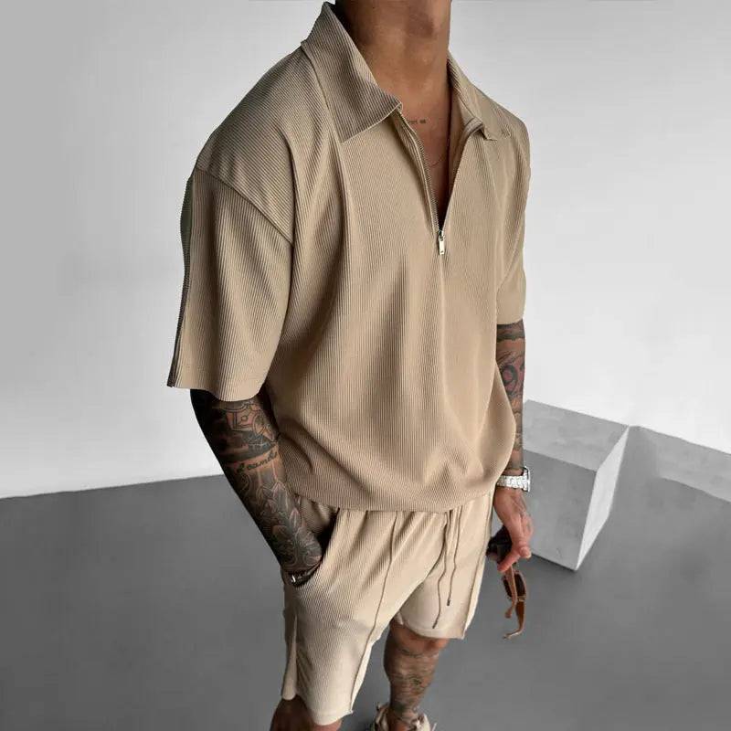 Men's summer fashion clothing set with beige zipper polo shirt and drawstring shorts in cotton blend fabric
