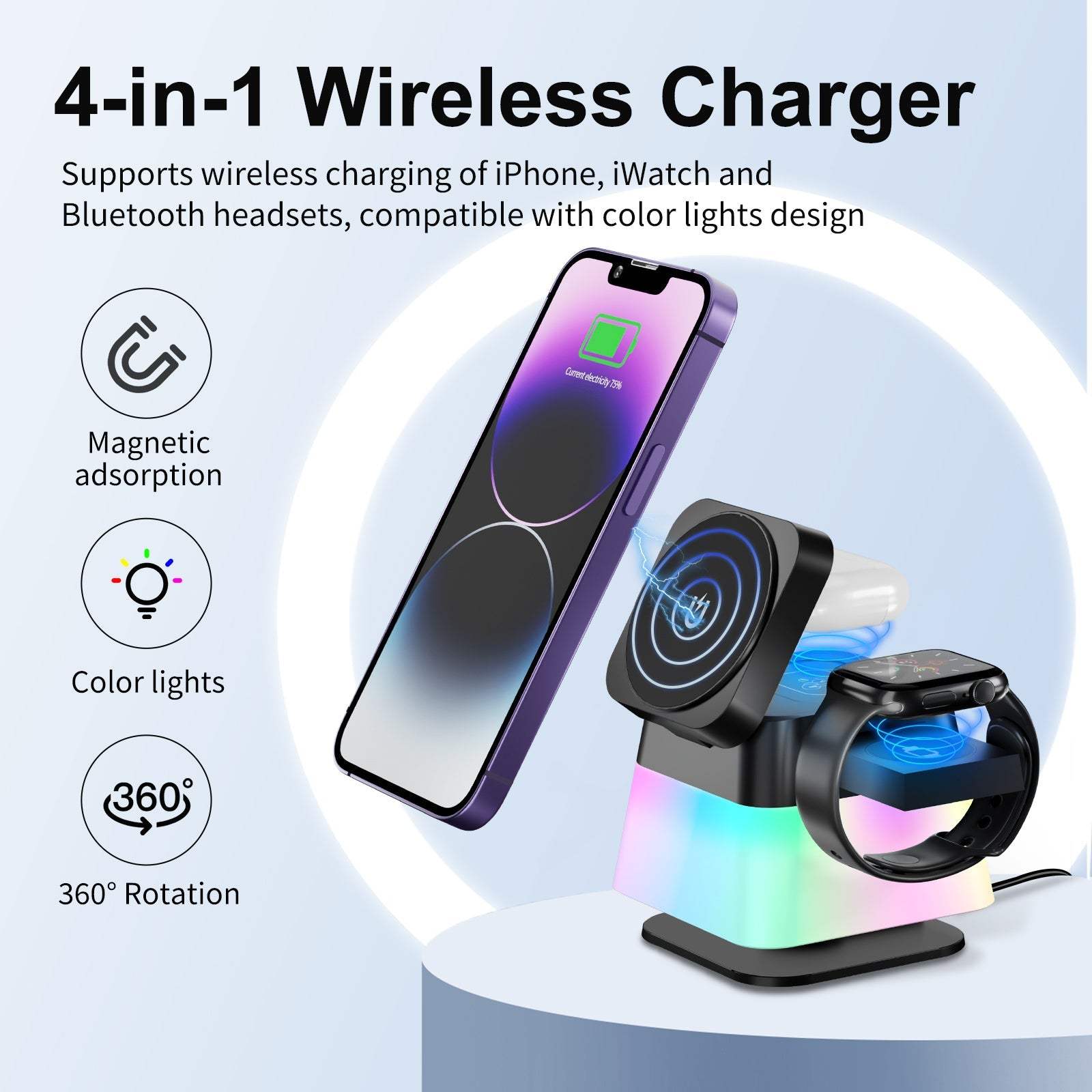 4 In 1 Rotatable Colorful Lighting Wireless Charger Stand For Phone 15 14 13 12 Pro Max 8 7 Holder Magnetic Fast Charging Station - SMSB 66