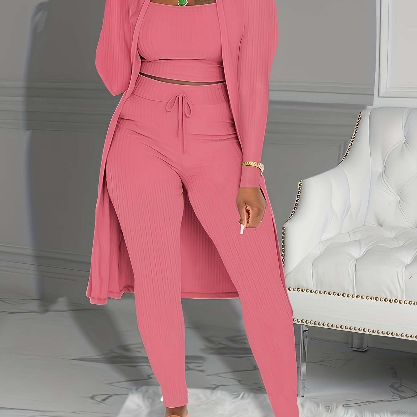 Casual Ribbed 3pcs Set, Crop Tank Top + High Waist Drawstring Pants + Longline Cardigan Outfits, Women's Clothing - SMSB 66