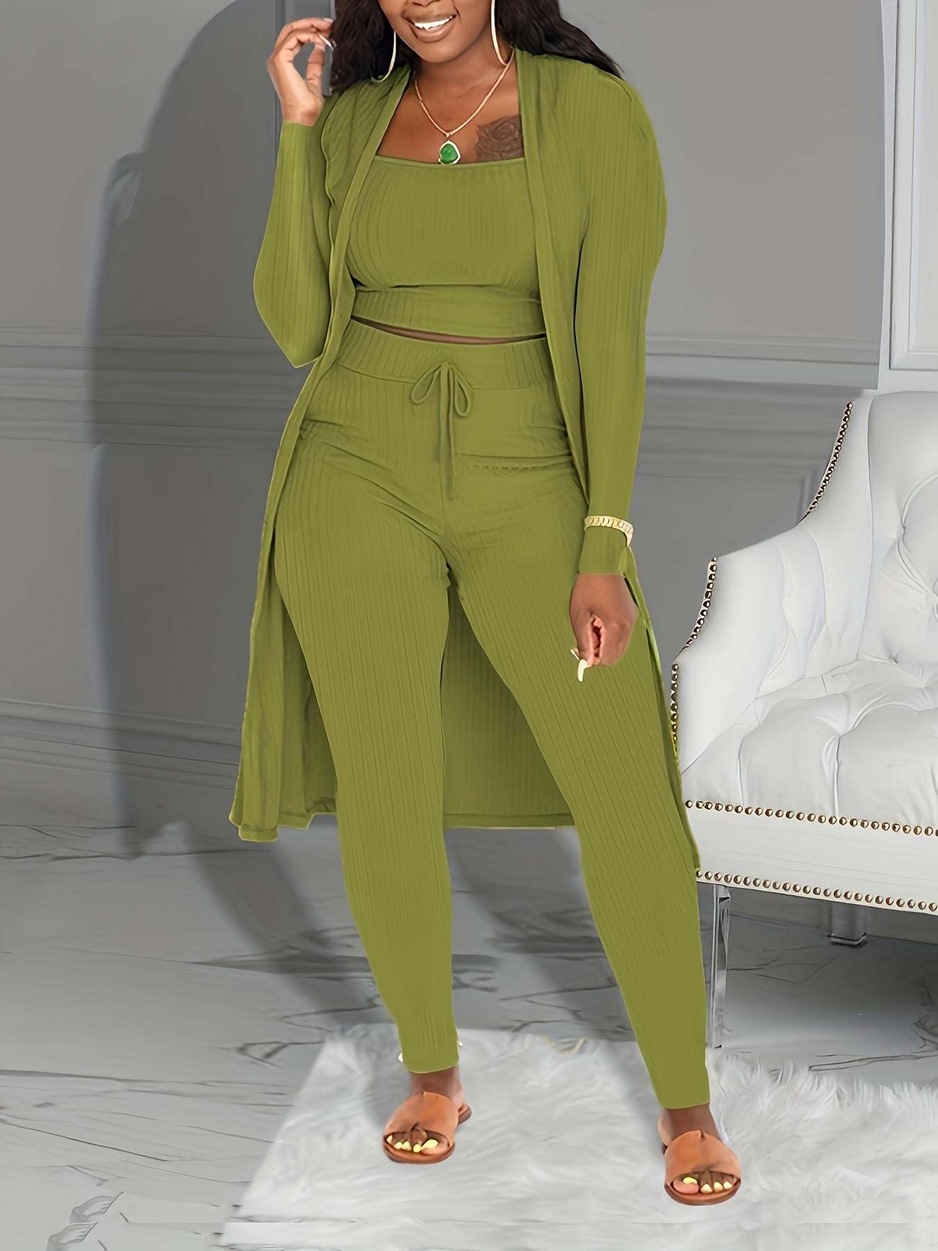 Casual Ribbed 3pcs Set, Crop Tank Top + High Waist Drawstring Pants + Longline Cardigan Outfits, Women's Clothing - SMSB 66