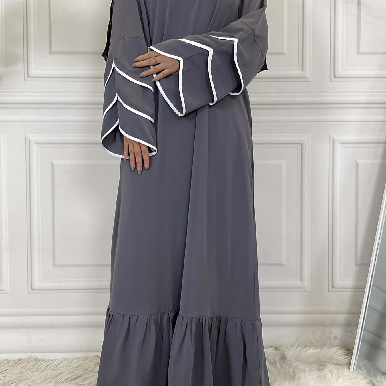 Solid Petal Sleeve Crew Neck Loose Modest Dress, Elegant Tie Waist Ruffled Hem Dress, Women's Clothing - SMSB 66