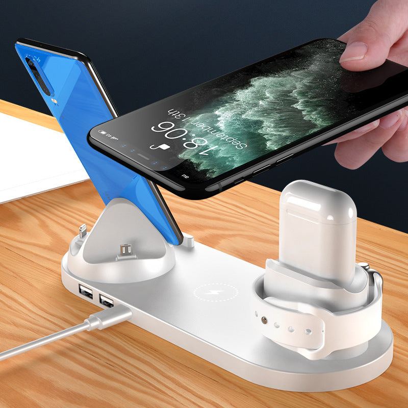 6 in 1 wireless charger for iPhone fast charging pad and dock station for phone, watch, and earbuds