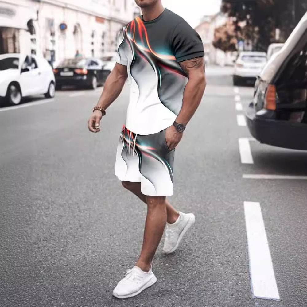 Men's casual T-shirt and shorts two-piece printed sportswear in polyester blend fabric for street and sportswear.