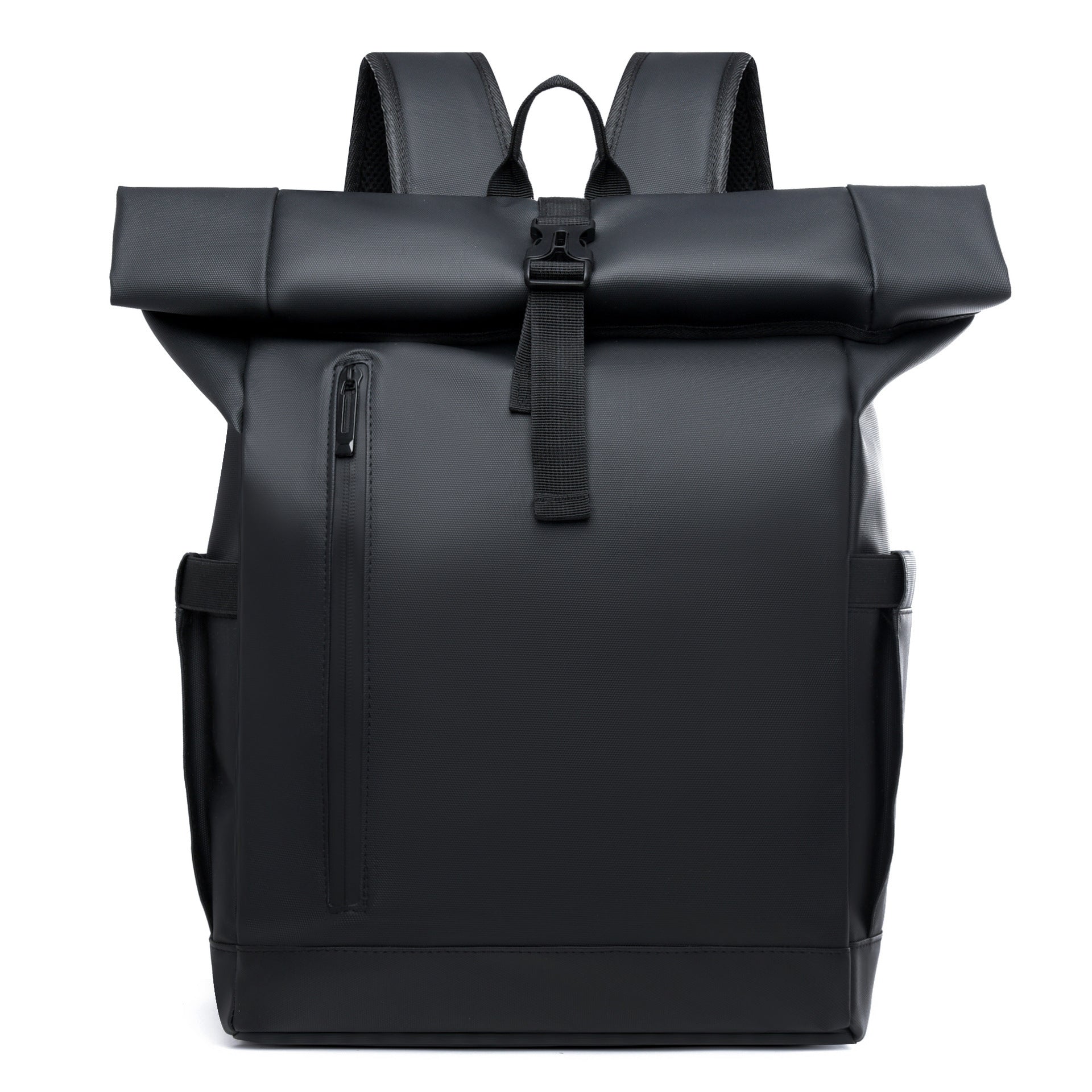 Black waterproof men's backpack with roll-top design and curved shoulder straps for travel
