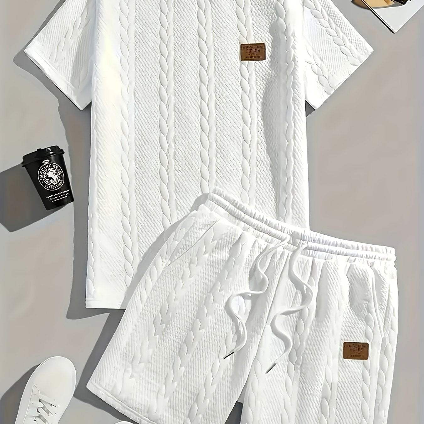 Men's white solid color patch design ribbed short sleeve t-shirt and shorts set for sports summer wear