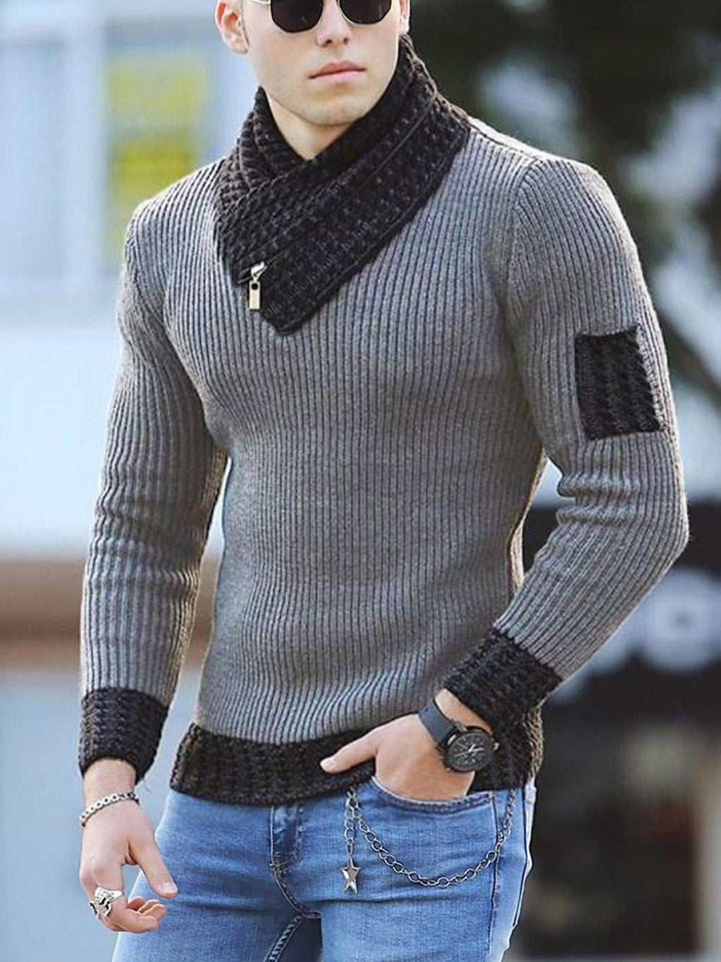 Independent Station Casual Slim Knit Pullover Long-sleeved Scarf Collar Sweater Men's - SMSB 66