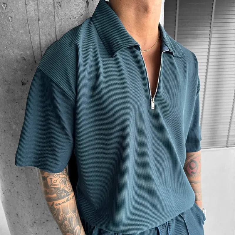 Men's summer fashion clothing set with zipper polo short sleeve shirt and drawstring shorts in blue
