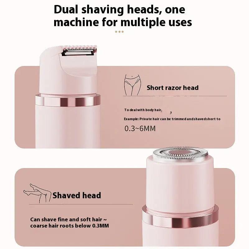 Dual-head electric shaver with short razor and shaved head for painless women's hair removal on body and bikini areas