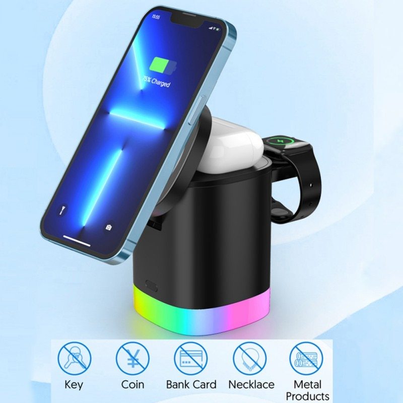 3 in 1 wireless charging station with magnetic phone holder and RGB ambient light for smartphone, AirPods, and iWatch