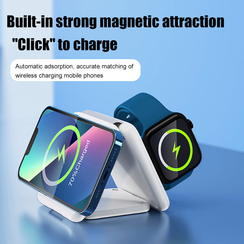 Folding magnetic suction wireless charger 3-in-1 with strong magnetic attraction for phone, watch, and earphone charging in white color