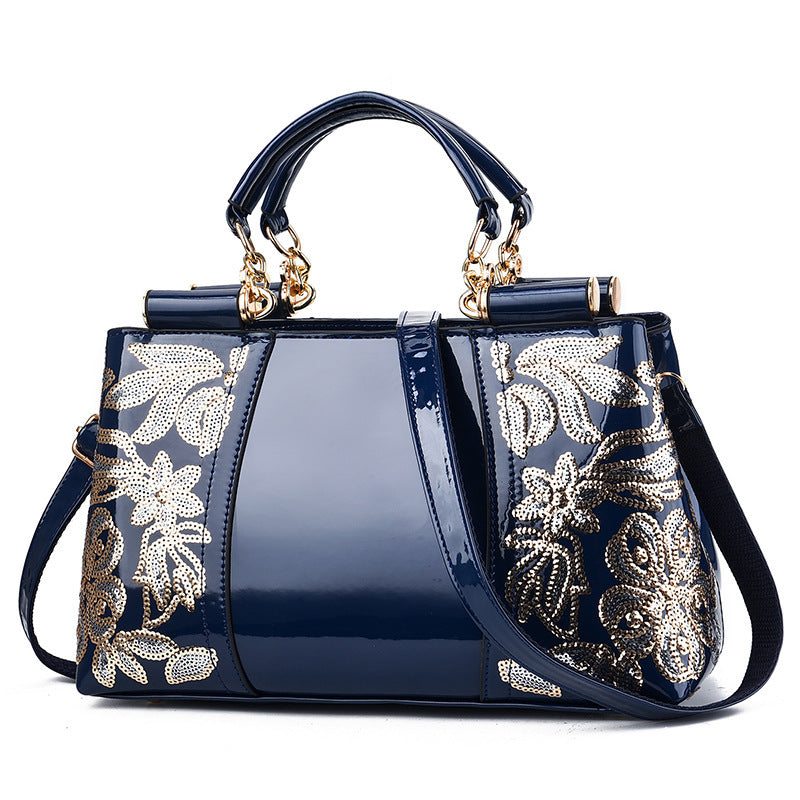 Navy blue fashion sequins handbag with gold floral embroidery and dual handles for women