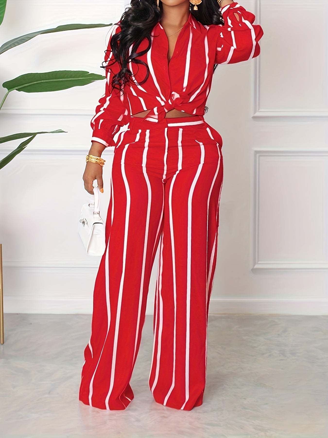 [Two-piece Set Long Sleeve Shirt] Striped Print Two-piece Set, Button Front Collar Long Sleeve Shirt & High Waist Wide Leg Loose Pants Set, Women's Clothing - SMSB 66