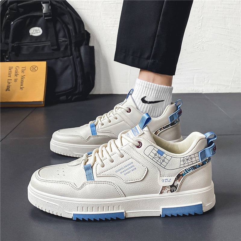 Men's fashion casual breathable sneakers with round toe, white and blue low-upper artificial PU leather design, rubber sole, and front lace-up style.