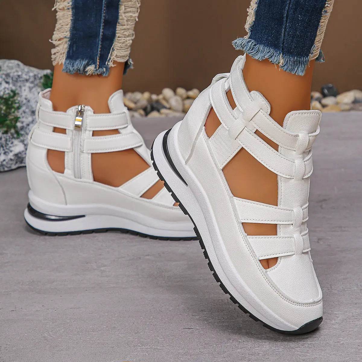 White women's close-toed hollow-out platform sandals with Velcro straps and rubber sole
