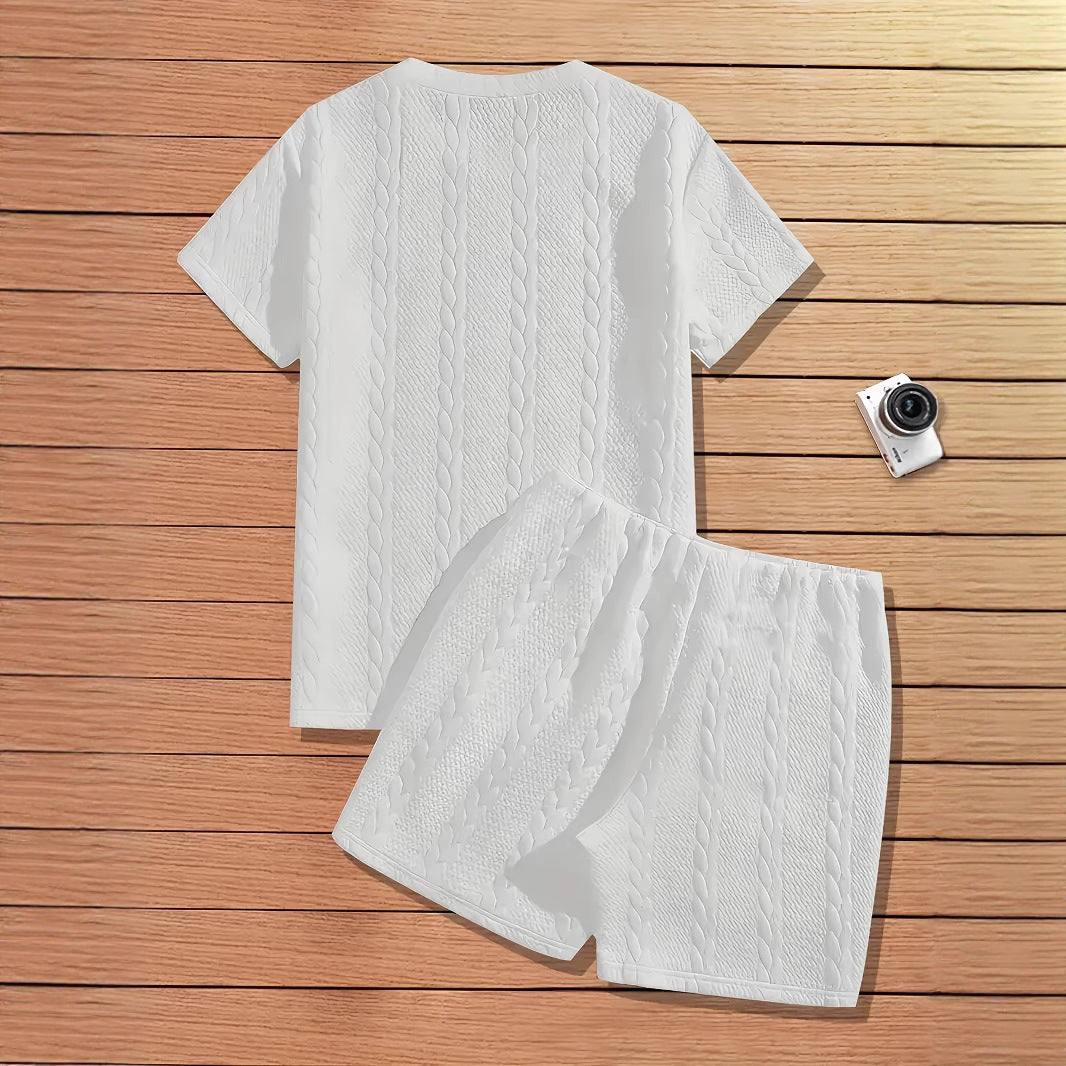 Men's solid color patch design ribbed short sleeve T-shirt and shorts two-piece sports set in white