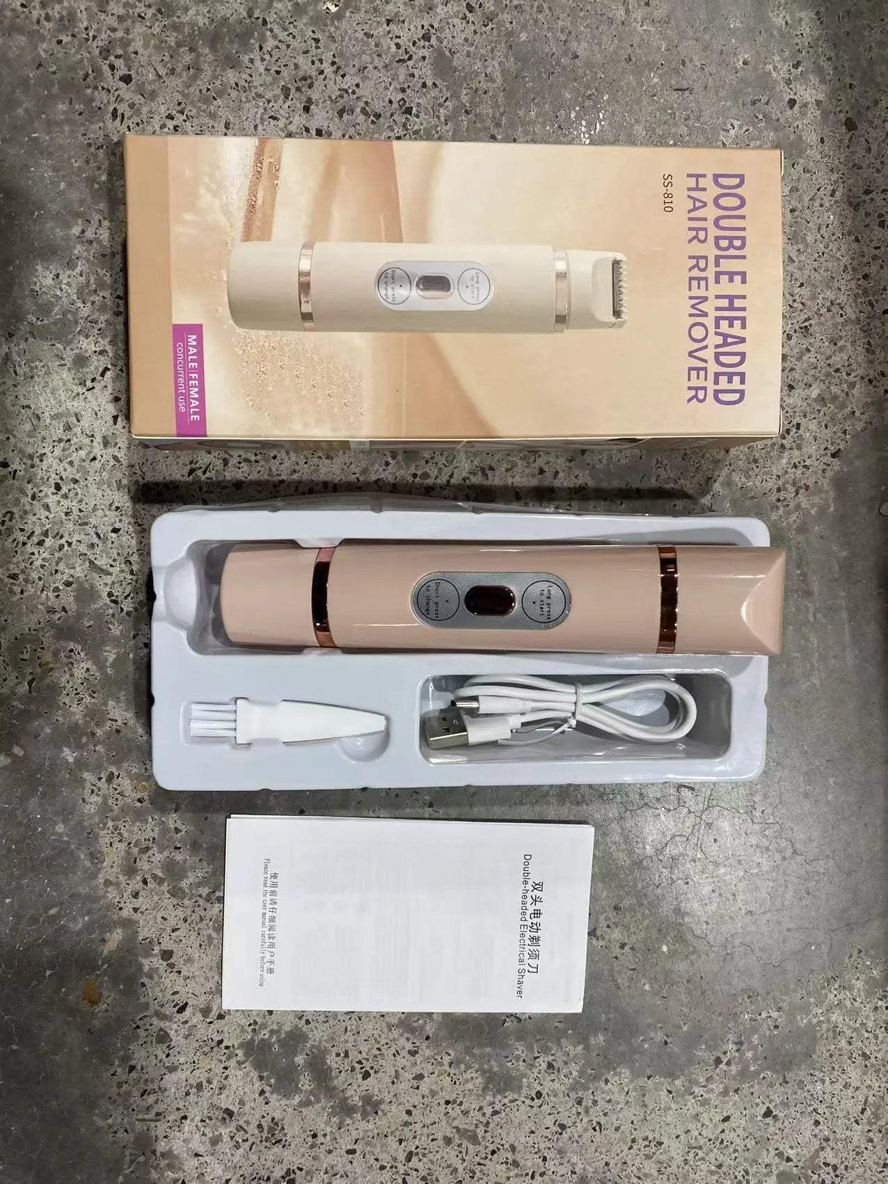 Dual-head electric shaver for women with USB charging, facial and body hair removal, in beige color with cleaning brush and USB cable.