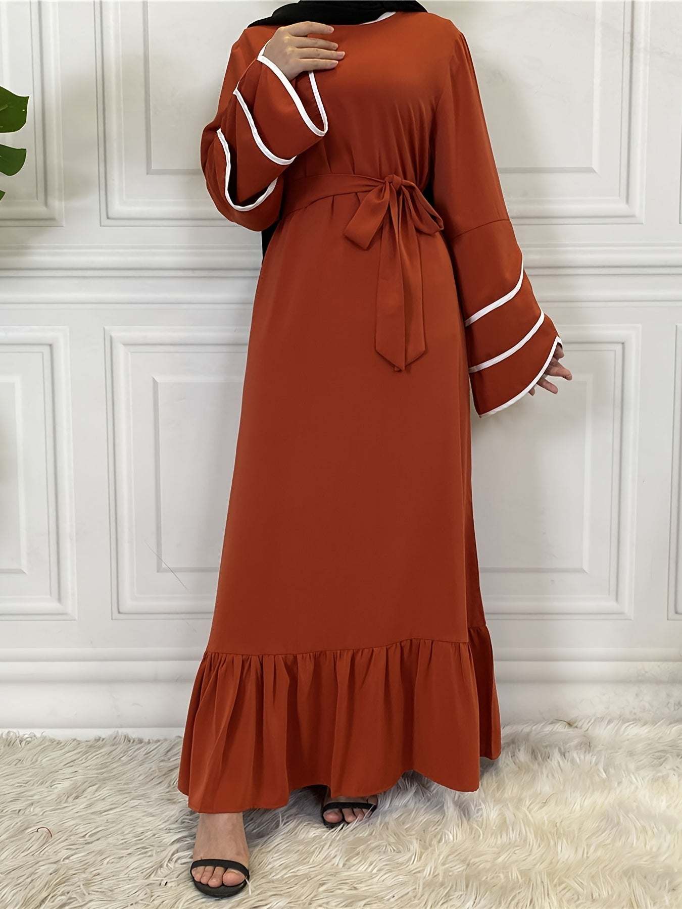 Solid Petal Sleeve Crew Neck Loose Modest Dress, Elegant Tie Waist Ruffled Hem Dress, Women's Clothing - SMSB 66