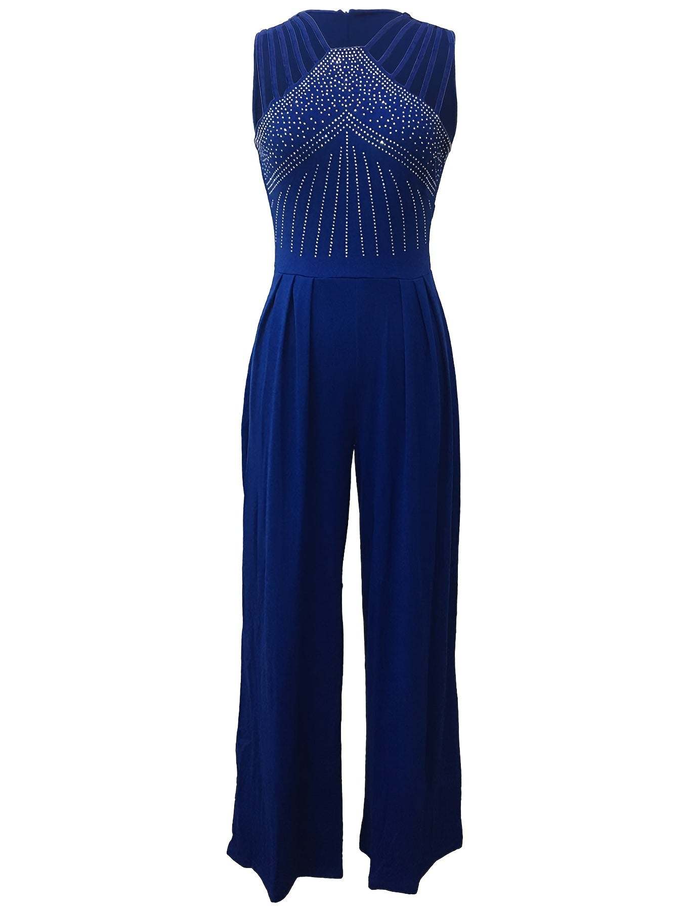 Glitter Rhinestone Criss Cross Jumpsuit, Elegant Wide Leg Sleeveless Tank Jumpsuit For Spring & Summer, Women's Clothing - SMSB 66