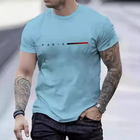 Slim fit men's 3d printed top in light blue with short sleeves and Paris graphic design
