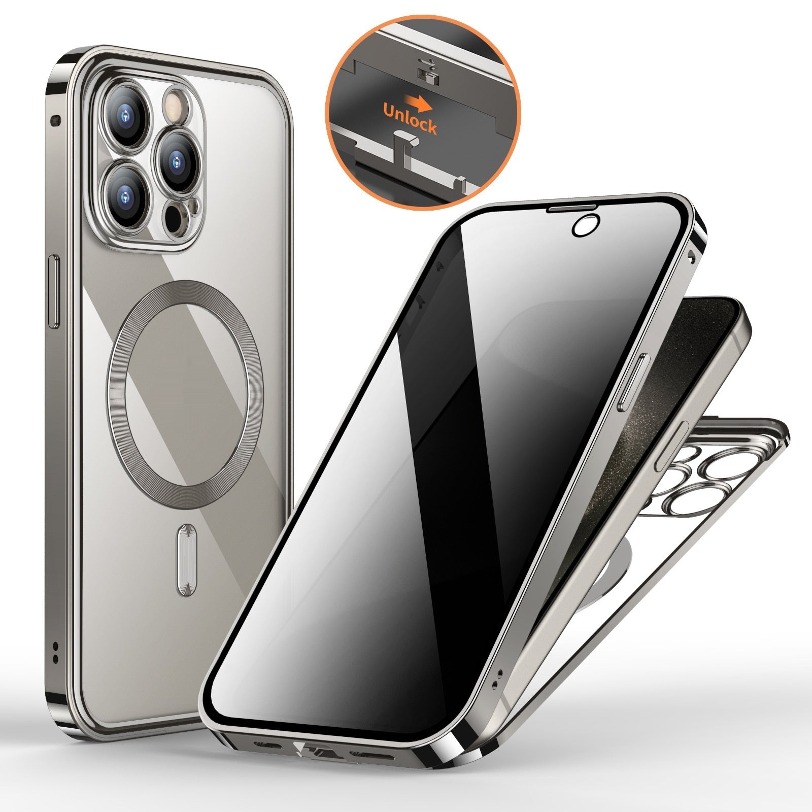 Anti-Privacy Metal Buckle magnetic wireless charging phone case with double-sided lens full cover protection for iPhone