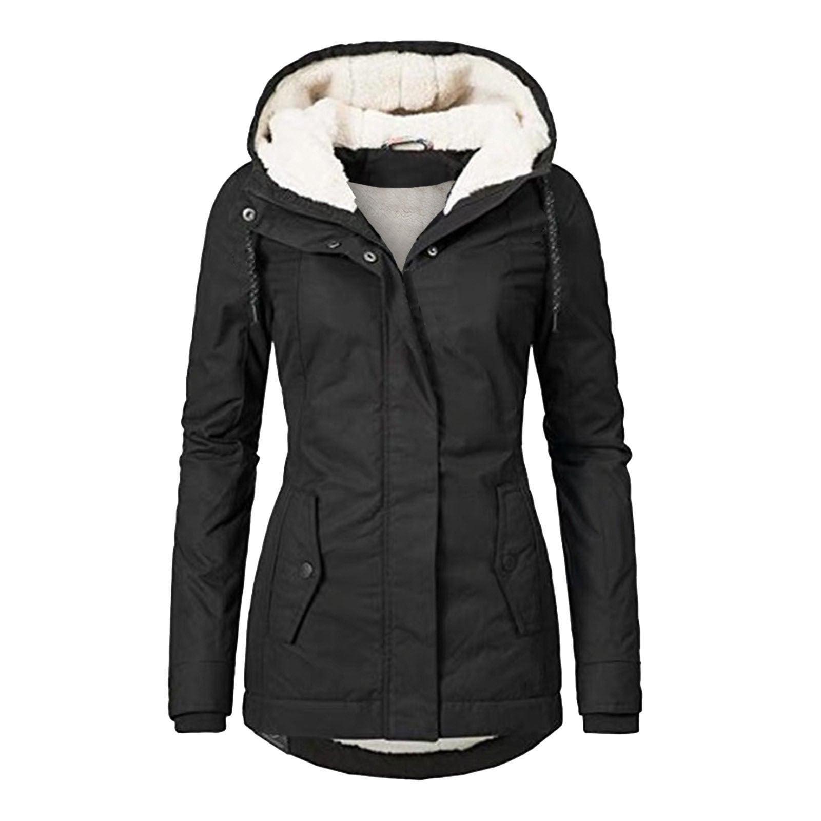 Winter Hooded Jacket Solid Color Warm Buckle Zip-up Fleece Jacket With Pockets Women's Casual Jacket - SMSB 66