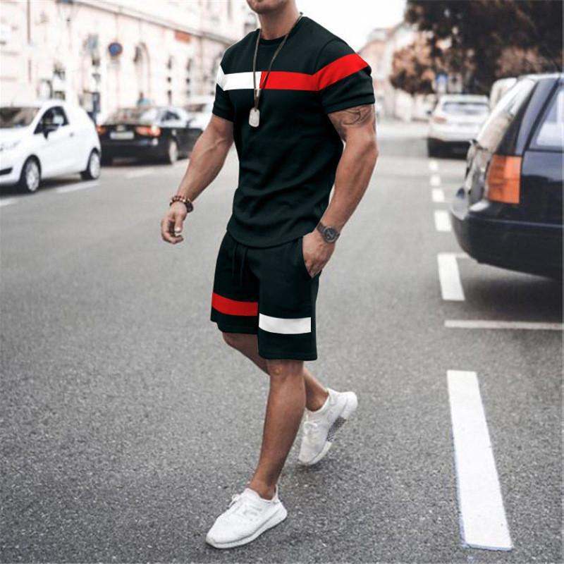Men's casual T-shirt and shorts two-piece printed sportswear set in black with red and white stripes, perfect for street style and sports.