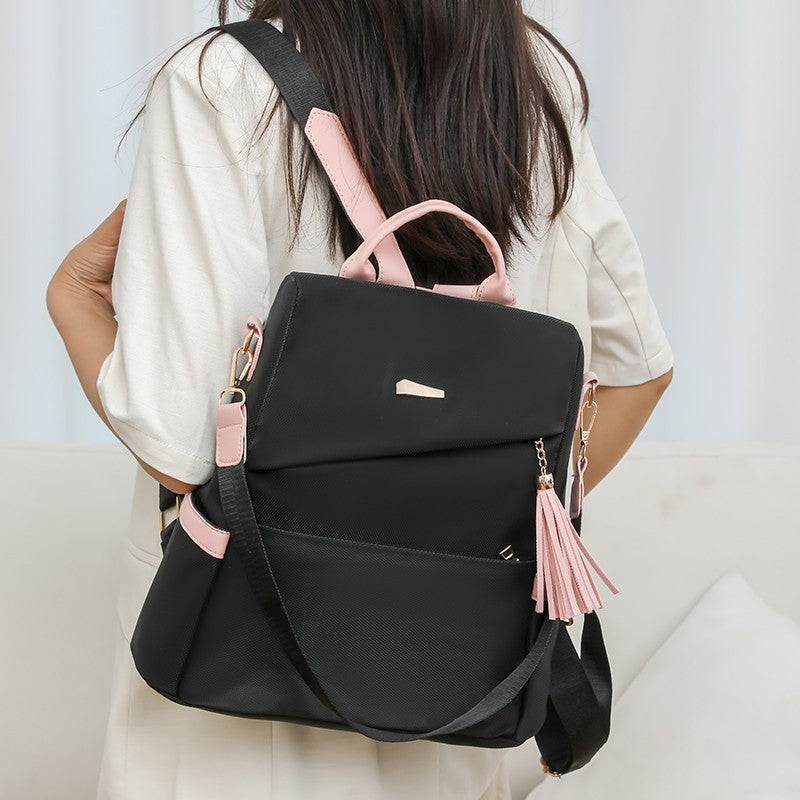 Oxford cloth stitching women's black and pink anti-theft backpack for school and casual travel