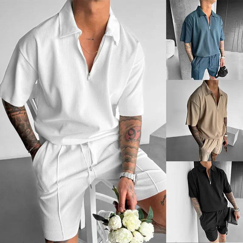 Summer fashion mens clothing cotton blend zipper polo short sleeve drawstring shorts set in white, navy blue, camel, and black colors
