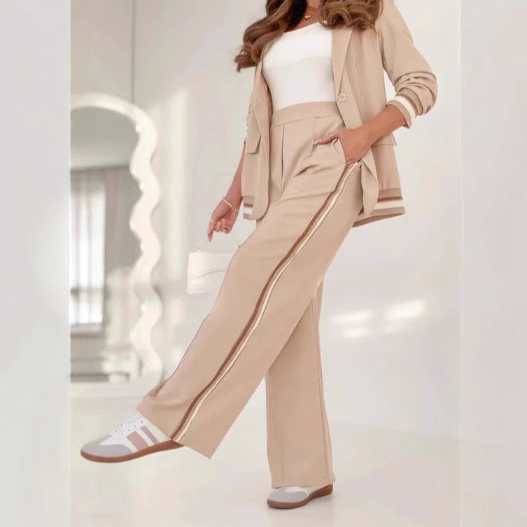 2 Pcs Set Women Suit Coat Pants Suit Lapel Long Sleeves Lady Jacket Wide Leg High Waist Trousers Female Commuting Office Outfit - SMSB 66