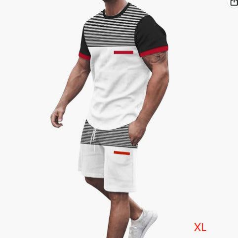 Men's casual T-shirt and shorts two-piece sportswear in black and white with red accents