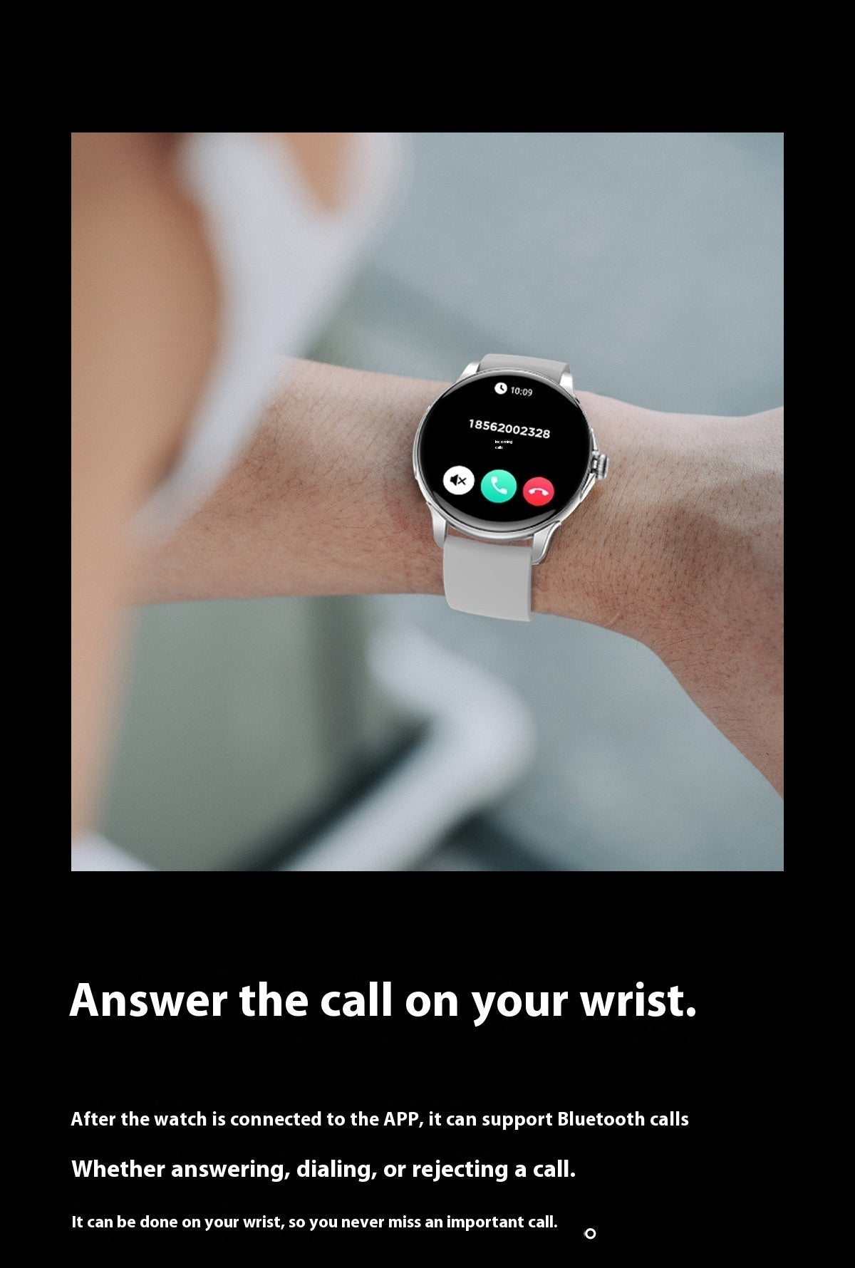 Smart Call Bluetooth sports watch showing incoming call on wrist with sleep heart rate monitoring function